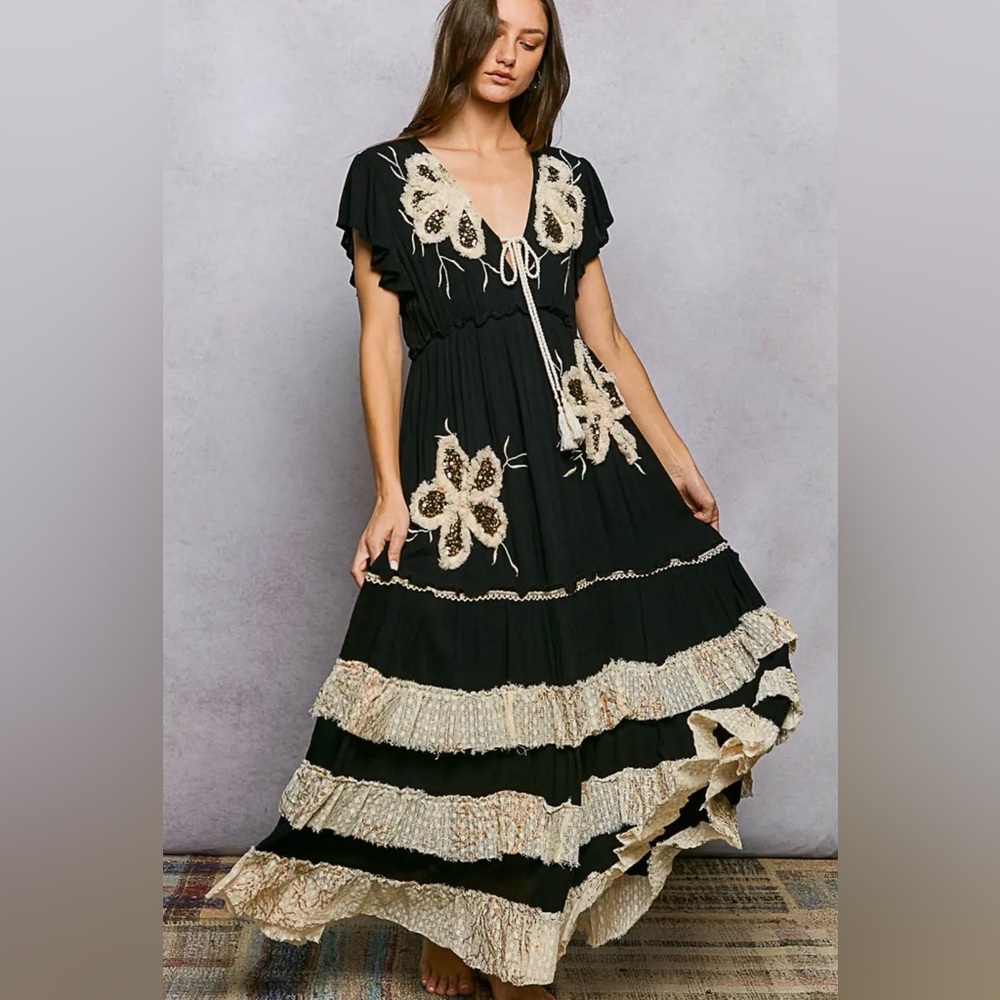 POL Boho Black Ruffled Sequin Tassel Maxi Dress